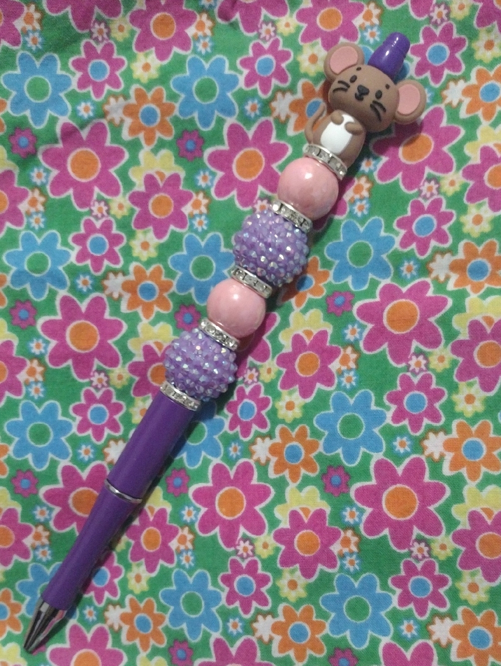 Purple and Pink Beaded Mouse Top Pen - Unbranded